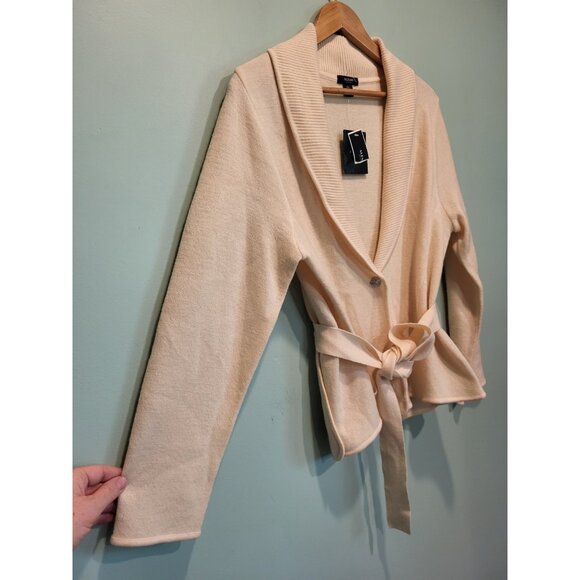 New Ivory 100% Merino Wool Belted 1 Button Cardigan Sweater Office Alfani Sz Lp - Picture 3 of 7